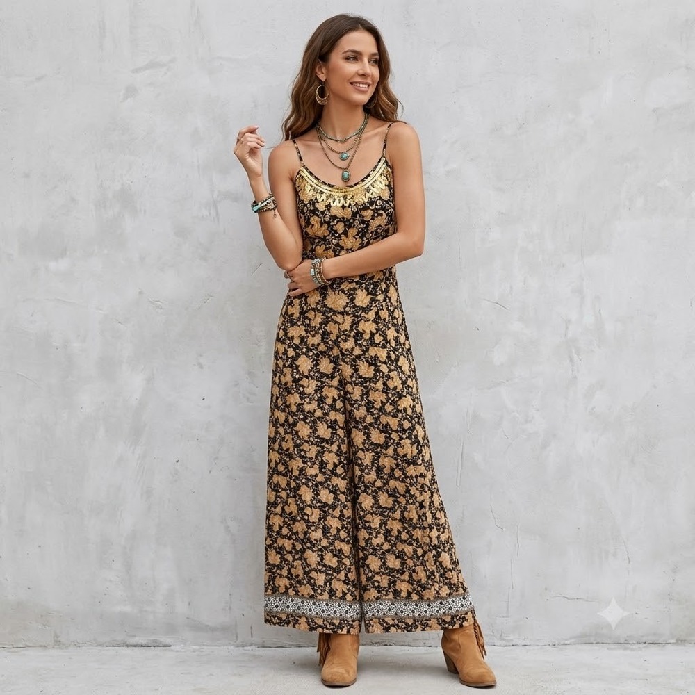 Forever 21 Jumpsuit Womens Black Gold Paisley Sequin Wide Leg Medium